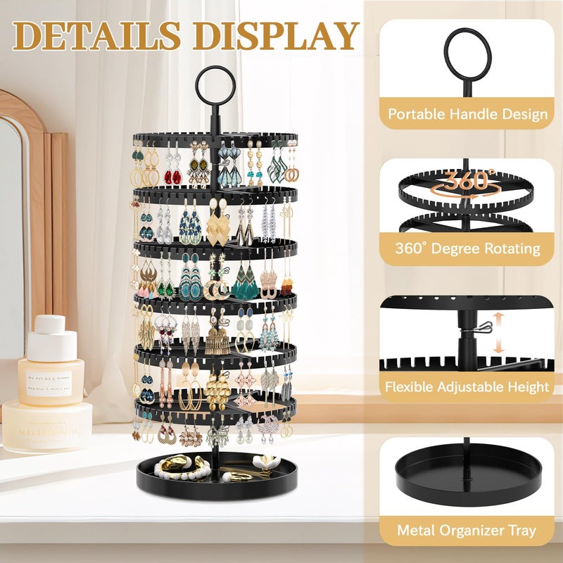 MODOWEY 6 Tier Rotating Earring Holder Organizer Display Tree with Metal Tray, Adjustable Plastic Stand with 342 Slots for Stud Hoop Hanger, Large Capacity Storage Rack for Women Space Saving, Black - Image 4