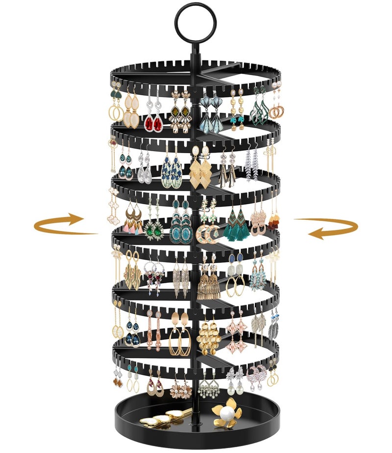 MODOWEY 6 Tier Rotating Earring Holder Organizer Display Tree with Metal Tray, Adjustable Plastic Stand with 342 Slots for Stud Hoop Hanger, Large Capacity Storage Rack for Women Space Saving, Black - Image 1