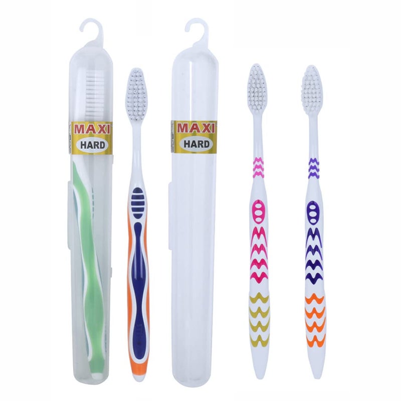 MAXI Adult Oral Care Combo Of 4-2 Mango Hard Manual Toothbrush & 2 Candy Hard Toothbrush Travel Pack - Image 1