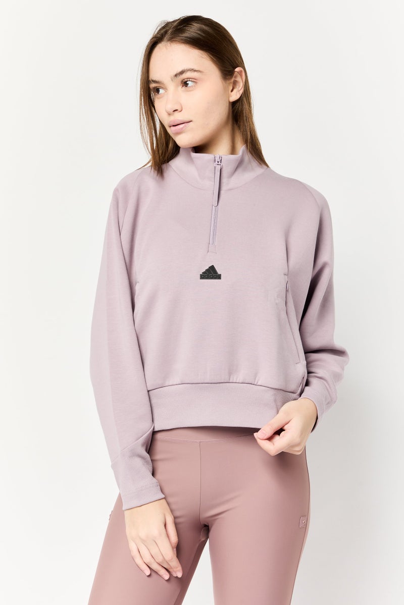 Adidas سويت شيرت رياضي نسائي بفتحة نصفية خارجية، موف - Image 1