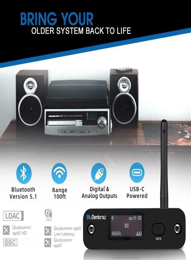 BluDento B2 LDAC/aptX HD Bluetooth 5.1 Hi-Fi Audio Receiver with ESS DAC, OLED Display, Analog RCA, Digital Optical & Coaxial Outputs, Extended Range for Home Stereo - Image 3