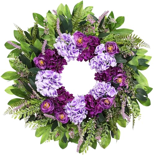 Vsonker Summer Wreaths for Front Door, 24 Inch Summer Wreath Purple Floral with Hydrangea Ranunculus Flower Summer Door Wreaths for Porch Entryways Wall Window Farmhouse Party Home Seasonal Decor - Image 1