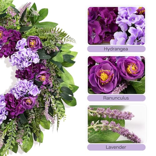Vsonker Summer Wreaths for Front Door, 24 Inch Summer Wreath Purple Floral with Hydrangea Ranunculus Flower Summer Door Wreaths for Porch Entryways Wall Window Farmhouse Party Home Seasonal Decor - Image 4