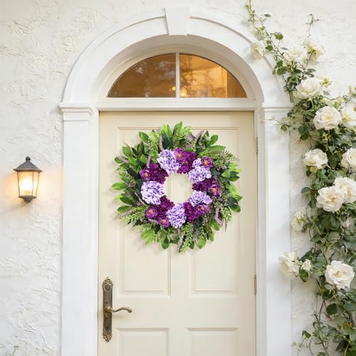 Vsonker Summer Wreaths for Front Door, 24 Inch Summer Wreath Purple Floral with Hydrangea Ranunculus Flower Summer Door Wreaths for Porch Entryways Wall Window Farmhouse Party Home Seasonal Decor - Image 2