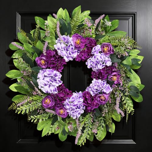 Vsonker Summer Wreaths for Front Door, 24 Inch Summer Wreath Purple Floral with Hydrangea Ranunculus Flower Summer Door Wreaths for Porch Entryways Wall Window Farmhouse Party Home Seasonal Decor - Image 3