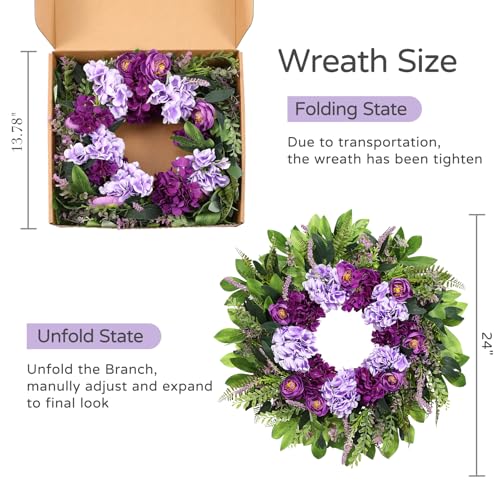Vsonker Summer Wreaths for Front Door, 24 Inch Summer Wreath Purple Floral with Hydrangea Ranunculus Flower Summer Door Wreaths for Porch Entryways Wall Window Farmhouse Party Home Seasonal Decor - Image 5