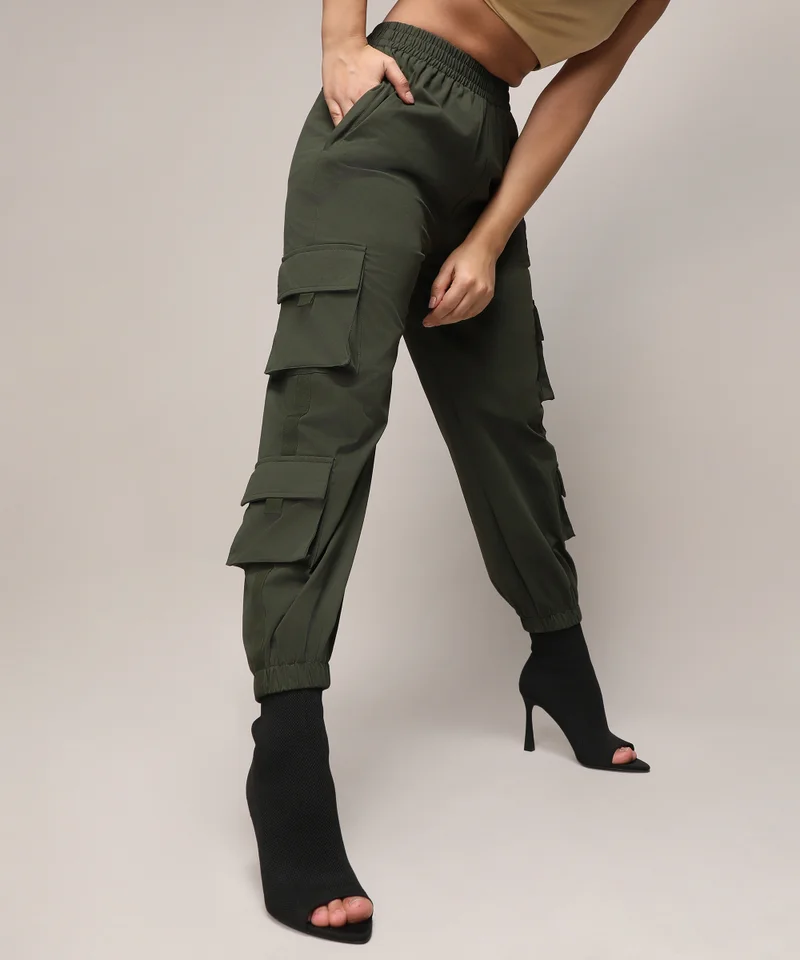 Campus Sutra Women's Forest Green Cuffed Hem Cargo Trousers