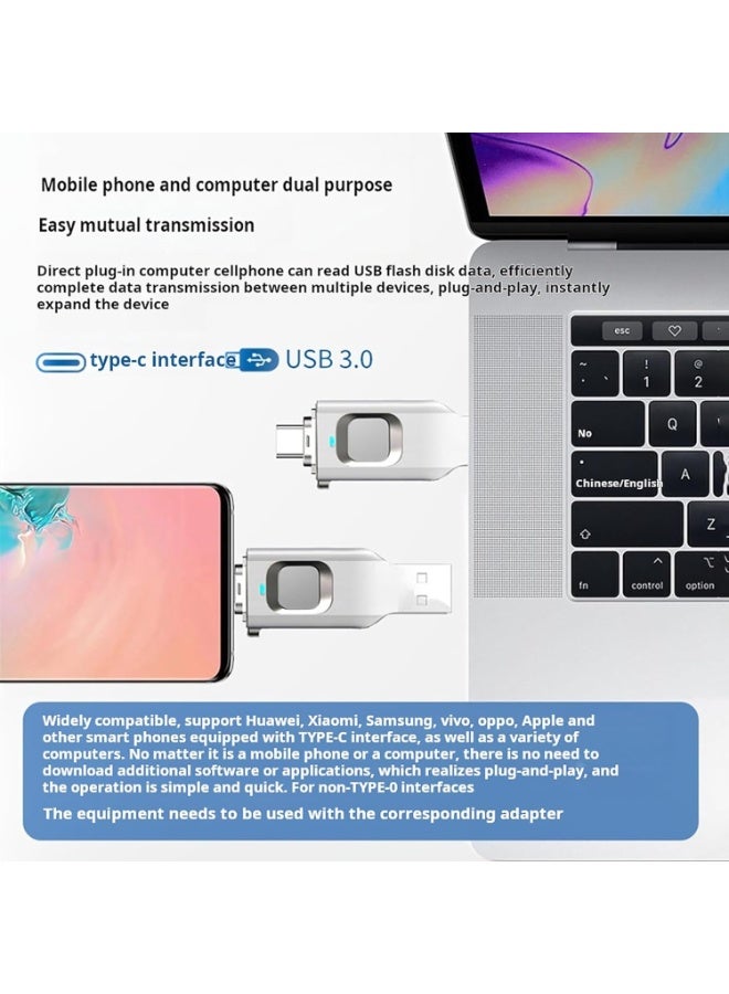 Fingerprint Encrypted USB Flash Drive, USB 3.0 + Type-C Interface, High-Speed Data Transmission, Can Add 10 Sets Of Fingerprints, Dual-Use Usb Flash Drive For Mobile Phones/Computers - Image 3