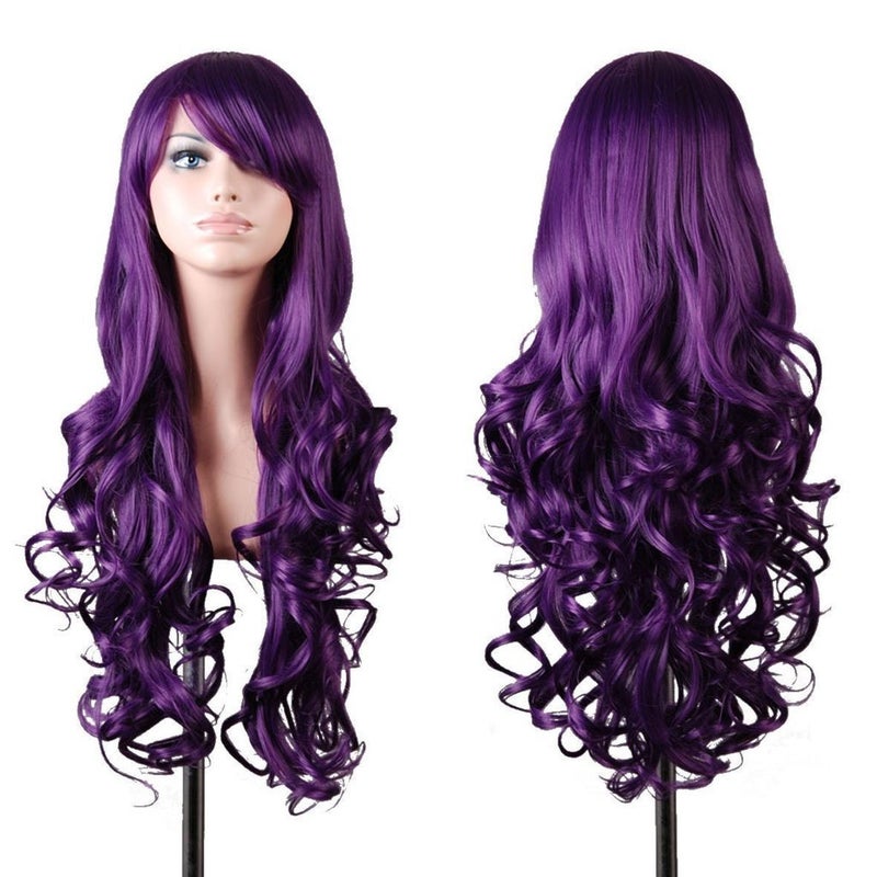 EmaxDesign Wigs 32 inch Wavy Curly Cosplay Wig With Wig Cap and Comb Dark Purple