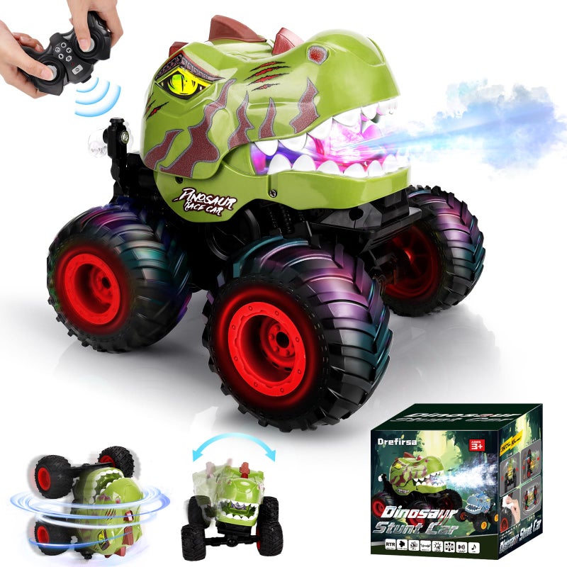 Drefirsa Dinosaur Remote Control Car for Boys 47 812 50min Runtime RC Car with Spray LED Light 360 Rotating 90 Driving RC Monster Truck Toy for Kids Birthday - Image 3