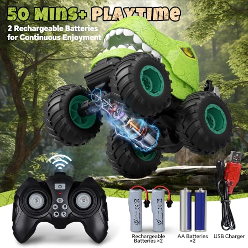 Drefirsa Dinosaur Remote Control Car for Boys 47 812 50min Runtime RC Car with Spray LED Light 360 Rotating 90 Driving RC Monster Truck Toy for Kids Birthday - Image 5