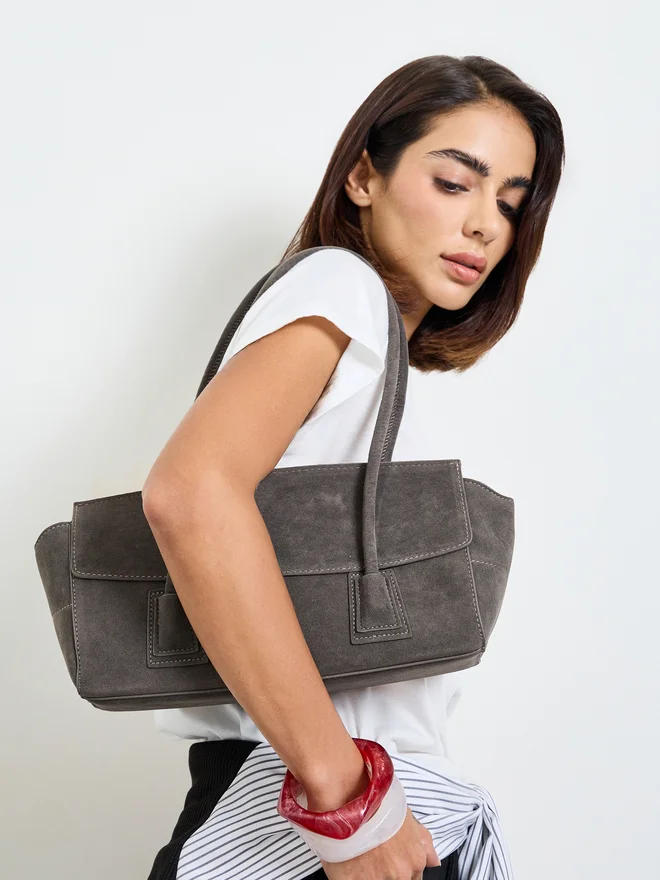 Styli Styli Grey Flap Over Elongated Shoulder Bag