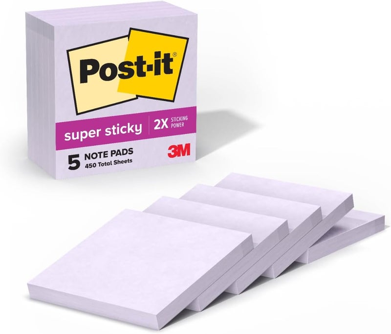 Post It Super Sticky Notes, 5 Sticky Note Pads, 3 x 3 in., School Supplies, Office Products, Sticky Notes for Vertical Surfaces, Monitors, Walls and Windows, Orchid Frost Lavender - Image 1