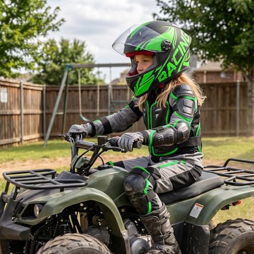 TTMiku Kids Full Face Motorcycle Helmet, Motocross ATV Dirt Bike Go-Kart 4-Wheeler Street Offroad Motorbike Helmet, DOT Approved (Green, Small) - Image 2