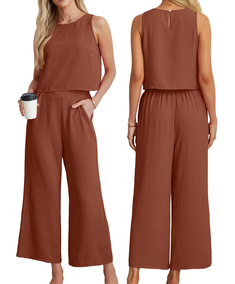 IWOLLENCE Women's Summer 2 Piece Outfits Set Round neck Sleeveless Tank Crop Top Wide Leg pants Set Pockets Jumpsuits Caramel M - Image 3