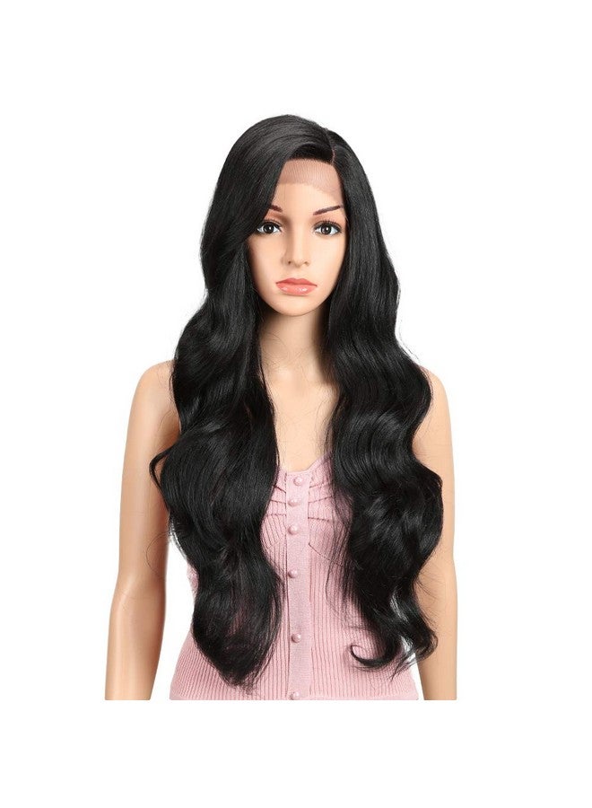 جويدر باروكة شعر صناعي مموج طويل من الدانتيل بطول 30 بوصة للنساء بكثافة 130% مع ألياف مقاومة للحرارة (أسود)
