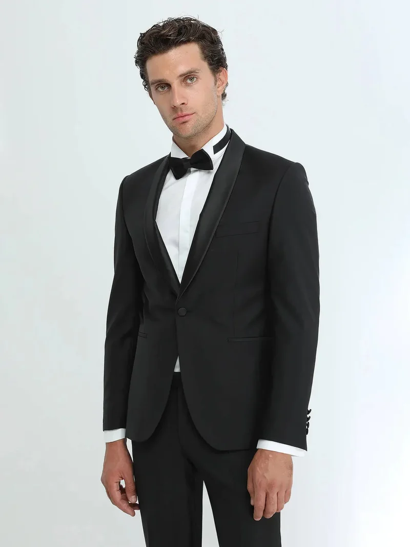 Kip Black Plain Slim Fit Shawl Collar Weaving Tuxedo