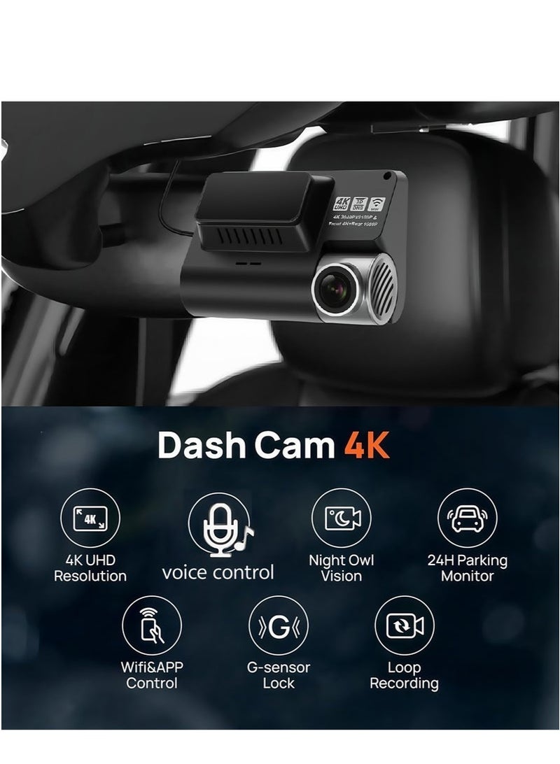 4K Dual-Channel Dash Cam (Front 4K + Rear 1080P) | Starlight Night Vision & 170° Ultra-Wide Angle (Front Camera) | 3" IPS Touchscreen | Built-in GPS + WiFi + Free 128GB TF Card (U3, V30, A2) | 24/7 Parking Mode with 3-Wire Hardwire Kit (ACC / B+ / GND) - Image 5