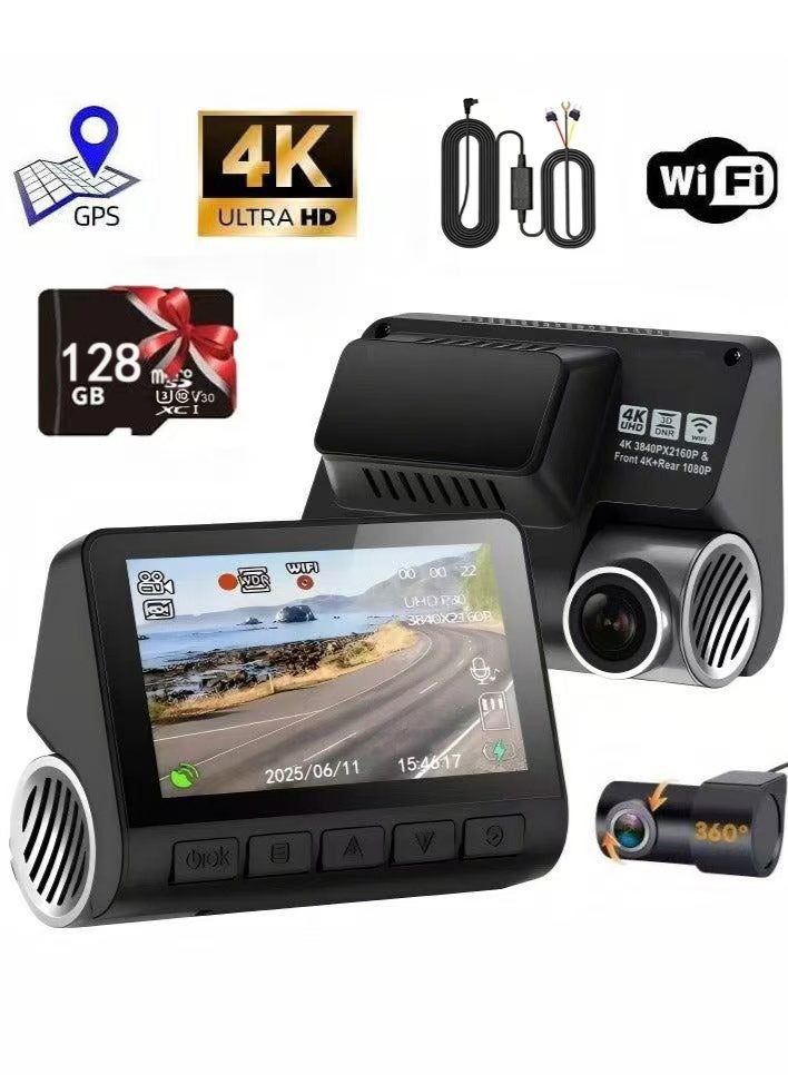 4K Dual-Channel Dash Cam (Front 4K + Rear 1080P) | Starlight Night Vision & 170° Ultra-Wide Angle (Front Camera) | 3" IPS Touchscreen | Built-in GPS + WiFi + Free 128GB TF Card (U3, V30, A2) | 24/7 Parking Mode with 3-Wire Hardwire Kit (ACC / B+ / GND) - Image 1
