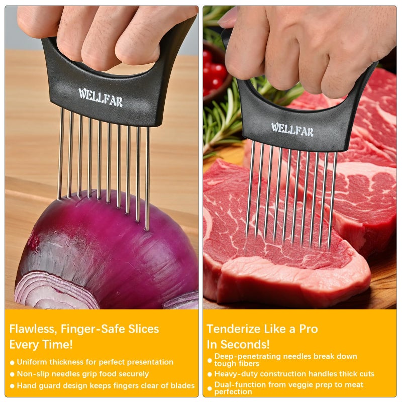 WELLFAR ã€2 PCSã€‘Onion Slicer Holder - Onion Holder for Slicing, Vegetable Chopper & Cutter Tool for Potato, Lemon, Tomatoes, Stainless Steel Kitchen Gadget with Guide Rack, Meat Prep & Food Essentials. - Image 4