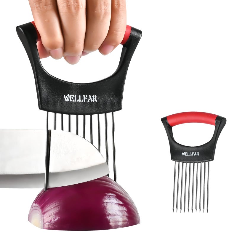 WELLFAR ã€2 PCSã€‘Onion Slicer Holder - Onion Holder for Slicing, Vegetable Chopper & Cutter Tool for Potato, Lemon, Tomatoes, Stainless Steel Kitchen Gadget with Guide Rack, Meat Prep & Food Essentials. - Image 1