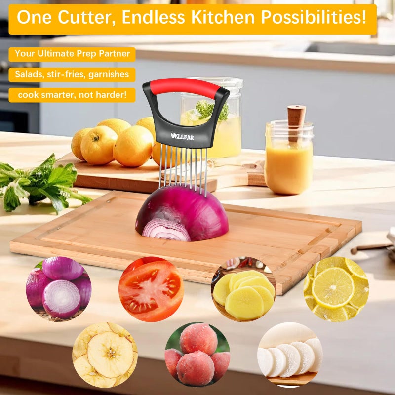 WELLFAR ã€2 PCSã€‘Onion Slicer Holder - Onion Holder for Slicing, Vegetable Chopper & Cutter Tool for Potato, Lemon, Tomatoes, Stainless Steel Kitchen Gadget with Guide Rack, Meat Prep & Food Essentials. - Image 3