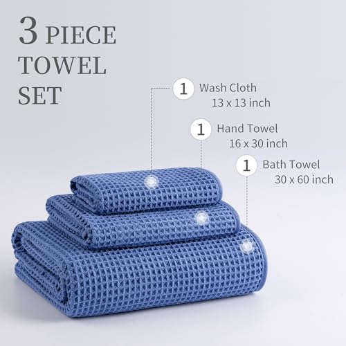 MICROFI New Microfiber Waffle Bath Towels, 3 Pieces, Oversized, Soft, Absorbent, Fast Drying, Lint Free, Includes Bath, Face and Hand Towels 430 GSM (Dark Blue) - Image 3
