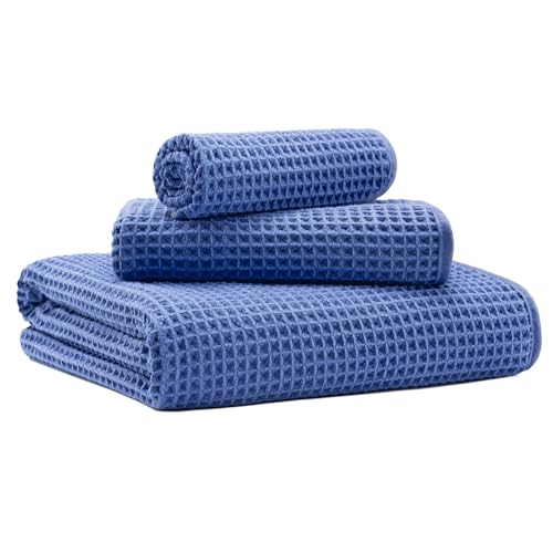 MICROFI New Microfiber Waffle Bath Towels, 3 Pieces, Oversized, Soft, Absorbent, Fast Drying, Lint Free, Includes Bath, Face and Hand Towels 430 GSM (Dark Blue) - Image 1