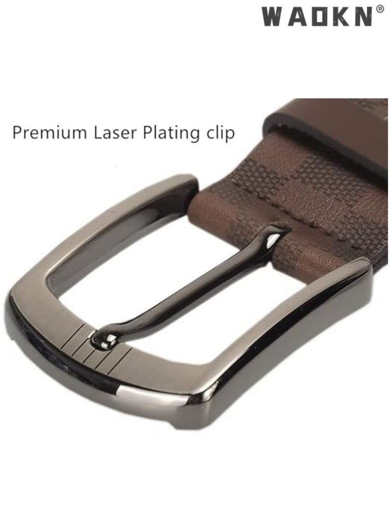 WAOKN Mens Leather Belt, Checkerboard Embossed Genuine Leather Belt With Pin Buckle Adjustable Wide Waistband Casual/Business Style Belt For Jeans Pants,Men's Casual Jeans Belts, Classic Work Business Dress Belt,stainless Steel Buckle Top Layer Genuine Leather Belt，vintage Casual Jeans Work Business Belt Black  - Image 3