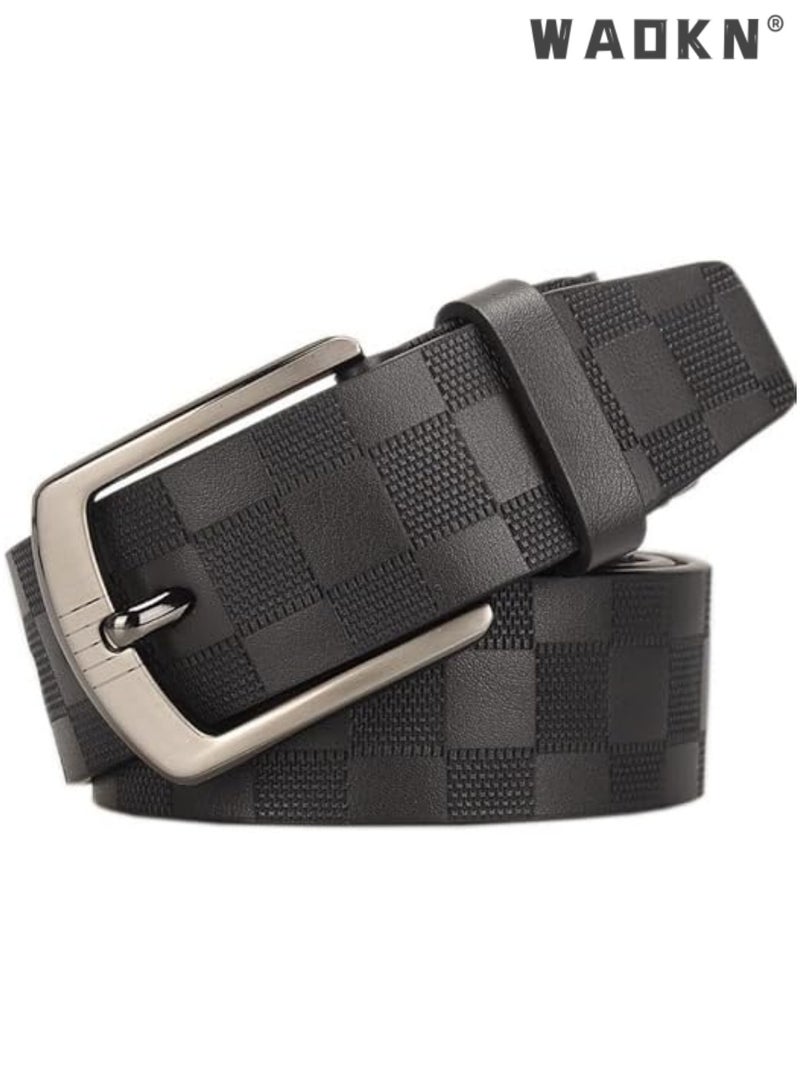WAOKN Mens Leather Belt, Checkerboard Embossed Genuine Leather Belt With Pin Buckle Adjustable Wide Waistband Casual/Business Style Belt For Jeans Pants,Men's Casual Jeans Belts, Classic Work Business Dress Belt,stainless Steel Buckle Top Layer Genuine Leather Belt，vintage Casual Jeans Work Business Belt Black  - Image 2