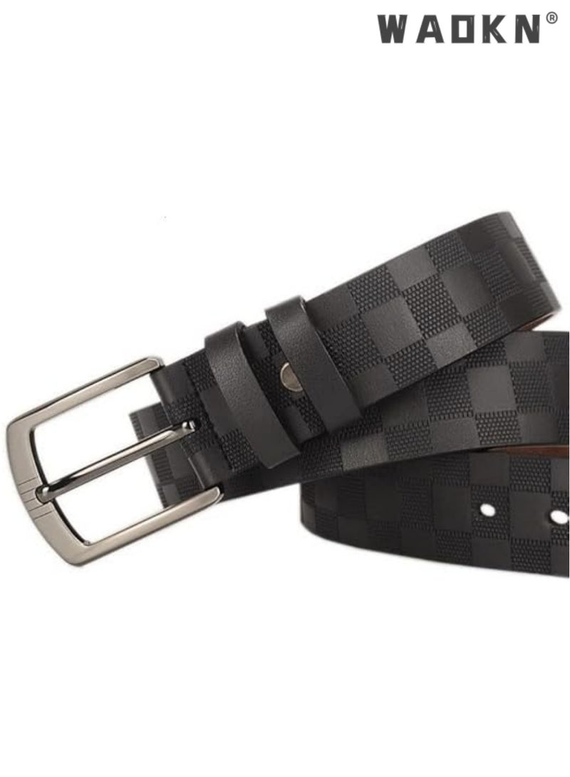 WAOKN Mens Leather Belt, Checkerboard Embossed Genuine Leather Belt With Pin Buckle Adjustable Wide Waistband Casual/Business Style Belt For Jeans Pants,Men's Casual Jeans Belts, Classic Work Business Dress Belt,stainless Steel Buckle Top Layer Genuine Leather Belt，vintage Casual Jeans Work Business Belt Black  - Image 1