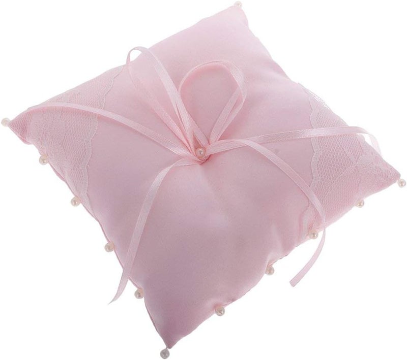 FRECI Lace Flower Pearls Ring Pillow Bridal Shower Ring Bearer Pillow Cushion for Wedding Supplier - Pink - Image 2