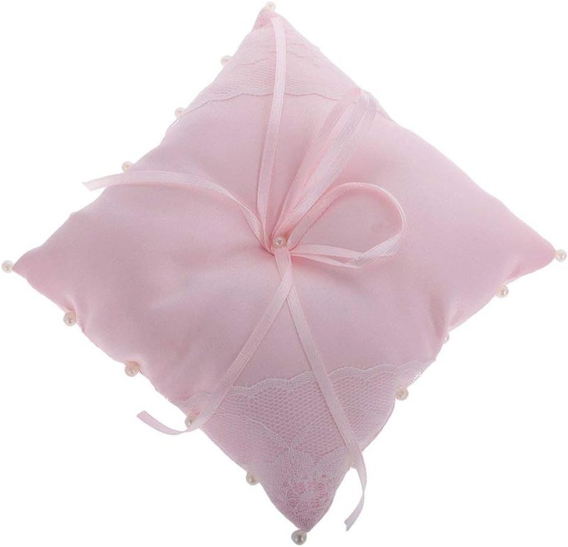 FRECI Lace Flower Pearls Ring Pillow Bridal Shower Ring Bearer Pillow Cushion for Wedding Supplier - Pink - Image 3