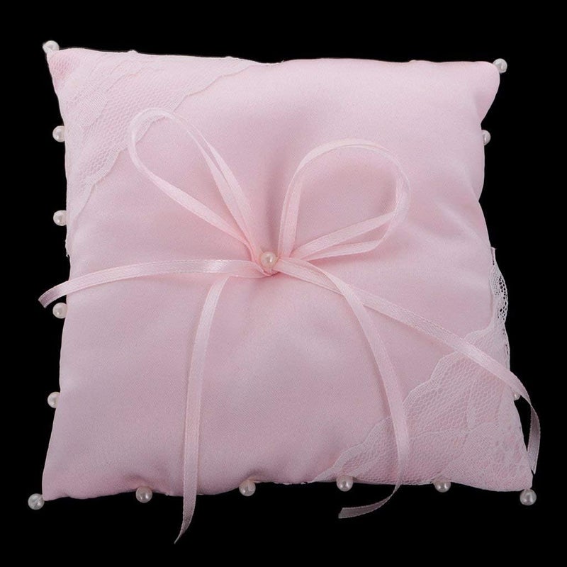 FRECI Lace Flower Pearls Ring Pillow Bridal Shower Ring Bearer Pillow Cushion for Wedding Supplier - Pink - Image 5