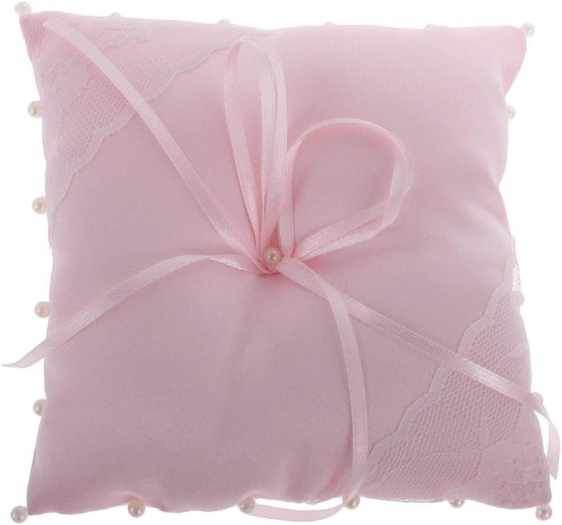 FRECI Lace Flower Pearls Ring Pillow Bridal Shower Ring Bearer Pillow Cushion for Wedding Supplier - Pink - Image 1