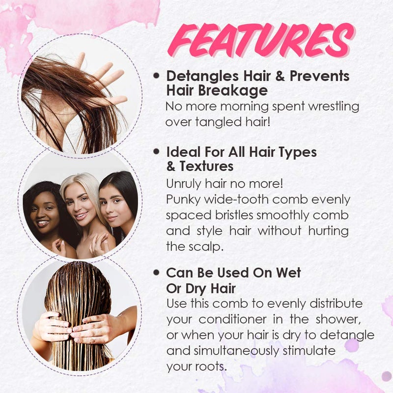 Punky Wide Tooth Comb for Women - Pink, Detangler Comb, No Handle Hair Detangling Combs for Wet, Dry & Curly Hairs - Image 4