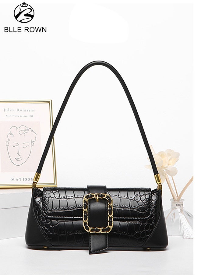 BLLE ROWN Bags for Ladies Crocodile Pattern Handbag for Daily Use Stylish Women Shoulder Bag with Inner Zipper Pocket and Front Gold Buckle Lightweight Crossbody for Work and Casual Outfits Black - Image 1