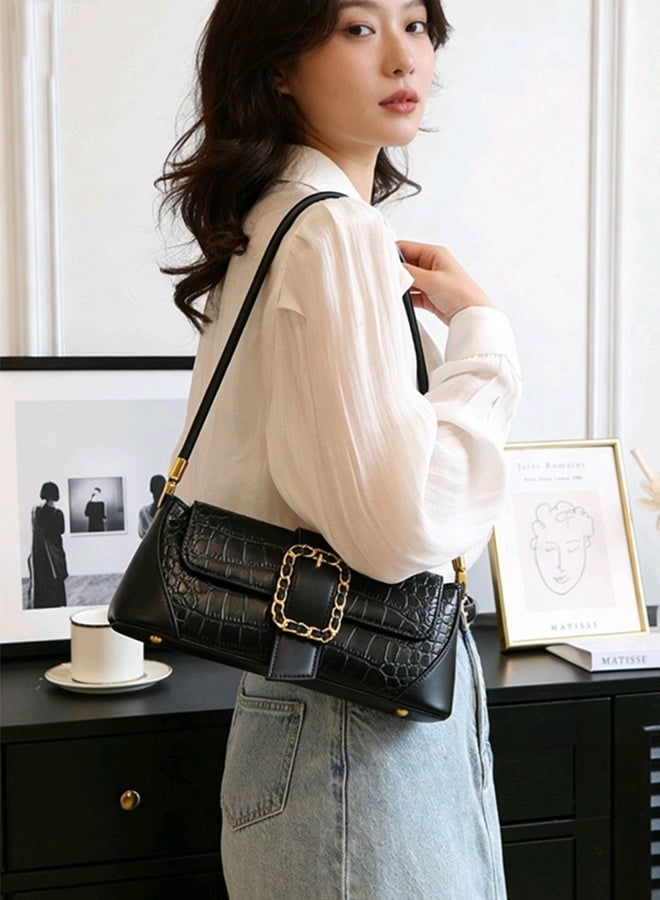BLLE ROWN Bags for Ladies Crocodile Pattern Handbag for Daily Use Stylish Women Shoulder Bag with Inner Zipper Pocket and Front Gold Buckle Lightweight Crossbody for Work and Casual Outfits Black - Image 3
