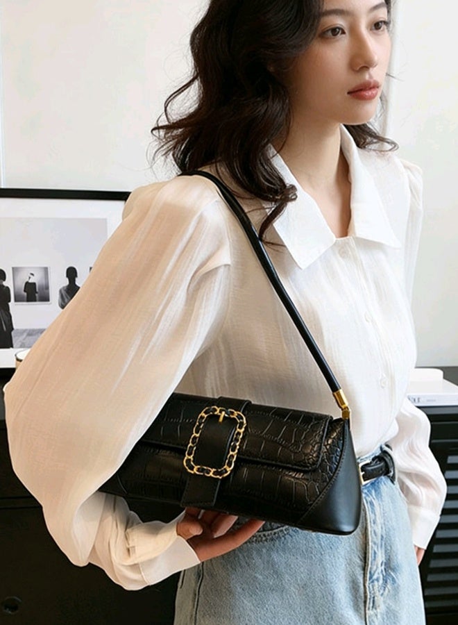 BLLE ROWN Bags for Ladies Crocodile Pattern Handbag for Daily Use Stylish Women Shoulder Bag with Inner Zipper Pocket and Front Gold Buckle Lightweight Crossbody for Work and Casual Outfits Black - Image 2