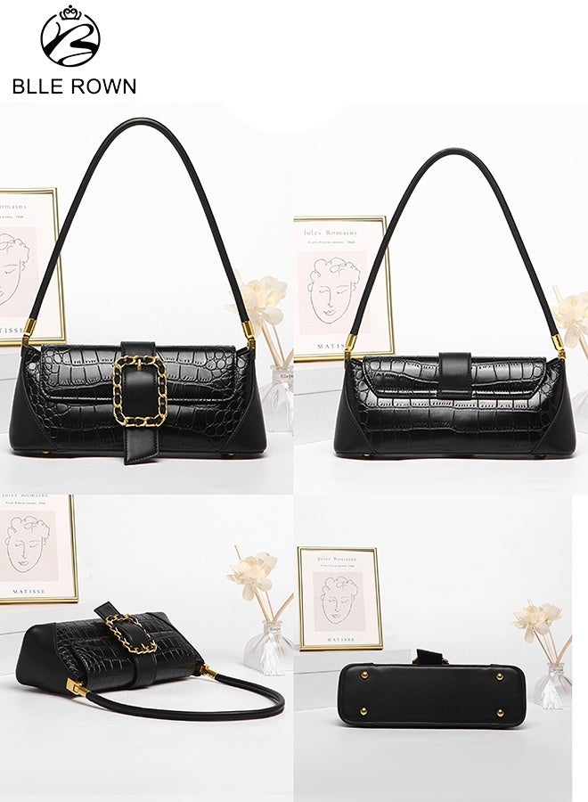 BLLE ROWN Bags for Ladies Crocodile Pattern Handbag for Daily Use Stylish Women Shoulder Bag with Inner Zipper Pocket and Front Gold Buckle Lightweight Crossbody for Work and Casual Outfits Black - Image 5