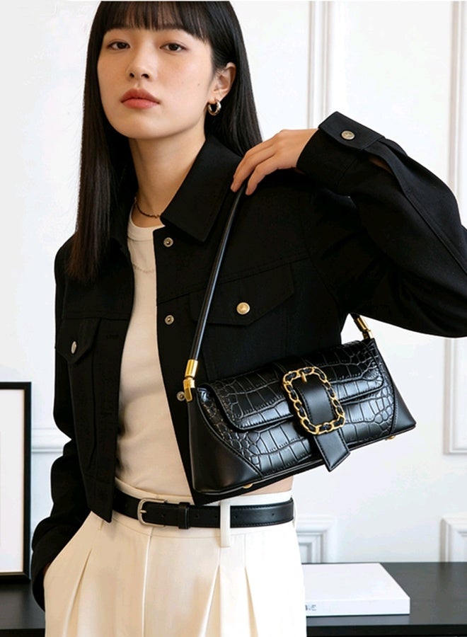 BLLE ROWN Bags for Ladies Crocodile Pattern Handbag for Daily Use Stylish Women Shoulder Bag with Inner Zipper Pocket and Front Gold Buckle Lightweight Crossbody for Work and Casual Outfits Black - Image 4