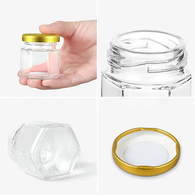 Mini Glass Honey Jar: 1.5oz Thick Sturdy Hexagonal Jar With Gold Lid Wood Dipper - BPA-Free Sealed Transparent Jar For Wedding Party Garden DIY Craft Bulk Storage - Image 2