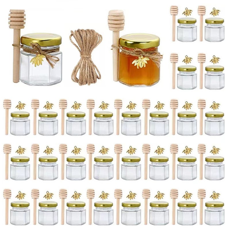 Mini Glass Honey Jar: 1.5oz Thick Sturdy Hexagonal Jar With Gold Lid Wood Dipper - BPA-Free Sealed Transparent Jar For Wedding Party Garden DIY Craft Bulk Storage - Image 1