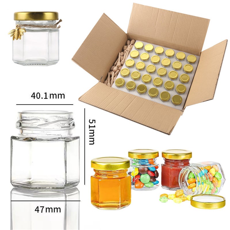 Mini Glass Honey Jar: 1.5oz Thick Sturdy Hexagonal Jar With Gold Lid Wood Dipper - BPA-Free Sealed Transparent Jar For Wedding Party Garden DIY Craft Bulk Storage - Image 4