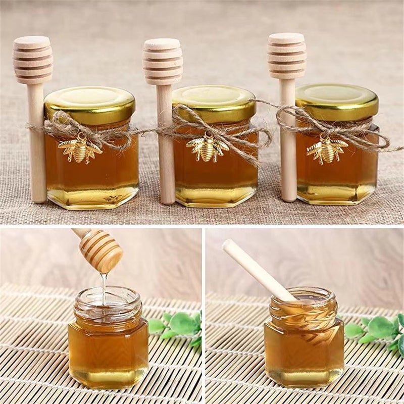 Mini Glass Honey Jar: 1.5oz Thick Sturdy Hexagonal Jar With Gold Lid Wood Dipper - BPA-Free Sealed Transparent Jar For Wedding Party Garden DIY Craft Bulk Storage - Image 3