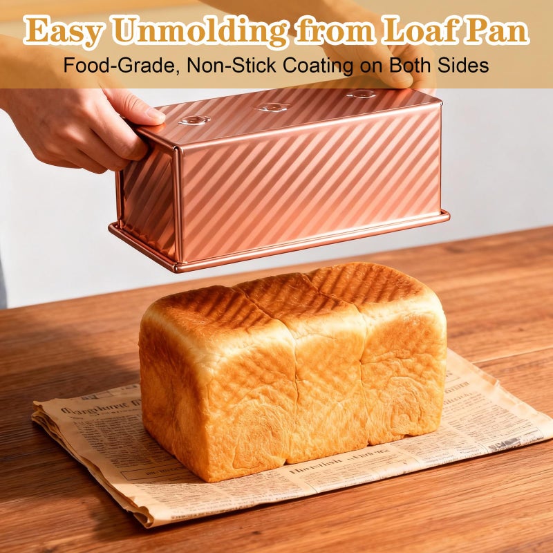 MBJZSL 3 Pcs Pullman Loaf Pan with Lid, 2.2lb/1lb/0.5lb Dough Capacity, Non-Stick Carbon Steel Bread Pans for Homemade Bread Sandwich and Toast, Sourdough Loaf Pan with Lid, Corrugated Toast Mold (Goldenï¼‰ - Image 4