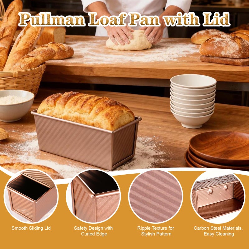 MBJZSL 3 Pcs Pullman Loaf Pan with Lid, 2.2lb/1lb/0.5lb Dough Capacity, Non-Stick Carbon Steel Bread Pans for Homemade Bread Sandwich and Toast, Sourdough Loaf Pan with Lid, Corrugated Toast Mold (Goldenï¼‰ - Image 3