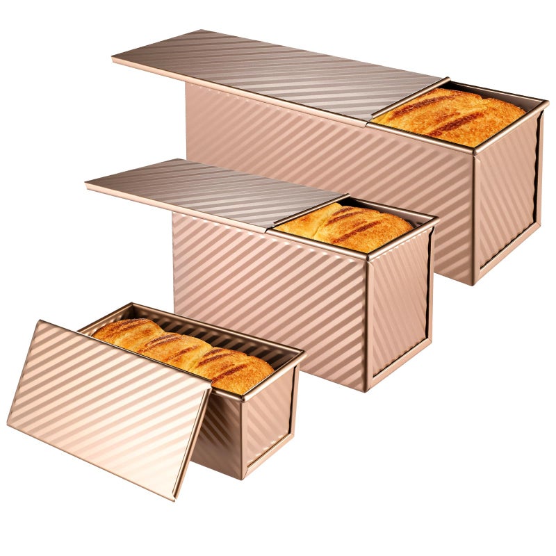 MBJZSL 3 Pcs Pullman Loaf Pan with Lid, 2.2lb/1lb/0.5lb Dough Capacity, Non-Stick Carbon Steel Bread Pans for Homemade Bread Sandwich and Toast, Sourdough Loaf Pan with Lid, Corrugated Toast Mold (Goldenï¼‰ - Image 1