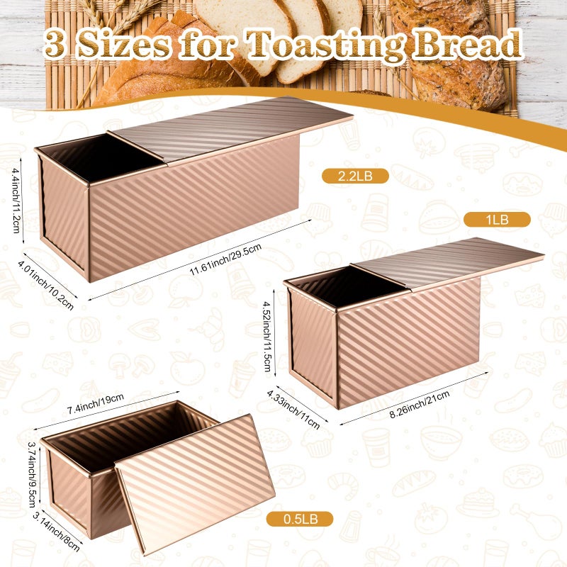 MBJZSL 3 Pcs Pullman Loaf Pan with Lid, 2.2lb/1lb/0.5lb Dough Capacity, Non-Stick Carbon Steel Bread Pans for Homemade Bread Sandwich and Toast, Sourdough Loaf Pan with Lid, Corrugated Toast Mold (Goldenï¼‰ - Image 2