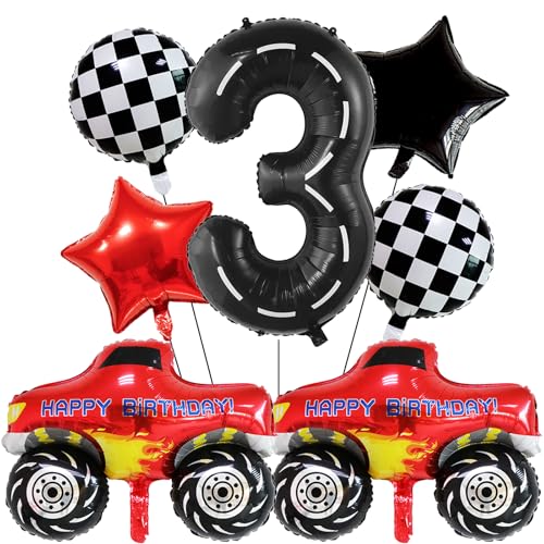 Villorem Truck Birthday Balloons Decorations 40 Inch Racetrack Number Balloon 3 Checkered Foil Balloons Red and Black Star Balloon for Race Car Theme Birthday Party Decorations 7Pcs - Image 1